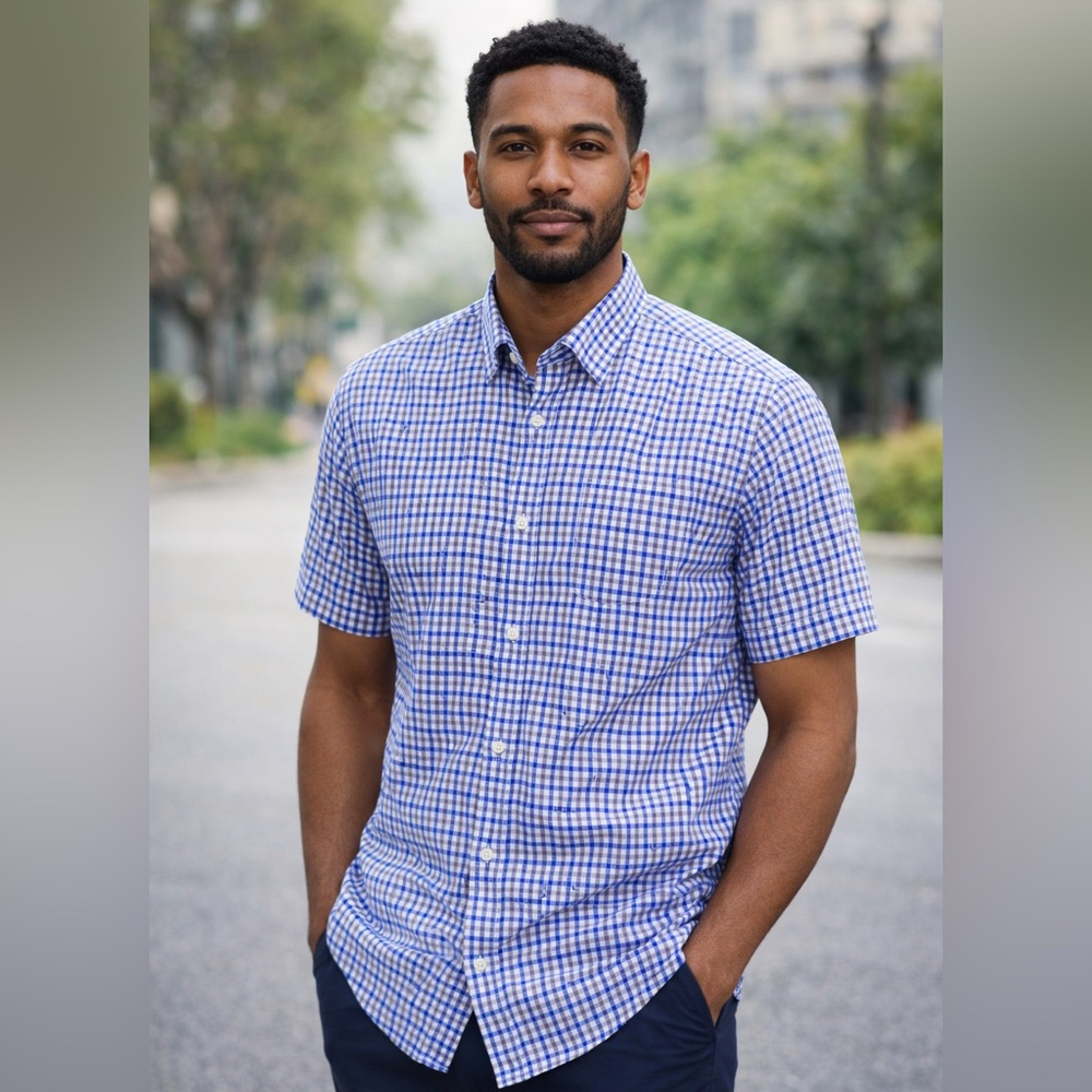 Ted Lapidus Paris Men's Blue and White Checkered Shirt Size M
